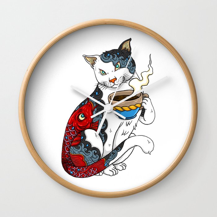 Cat Drinking Coffee With Fish Tattoo - Cat & Coffee Lovers gift idea Wall Clock