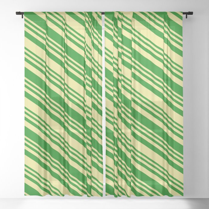 Green & Tan Colored Stripes Pattern Sheer Curtain