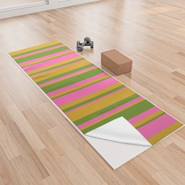 [ Thumbnail: Green, Goldenrod & Hot Pink Colored Lined Pattern Yoga Towel ]