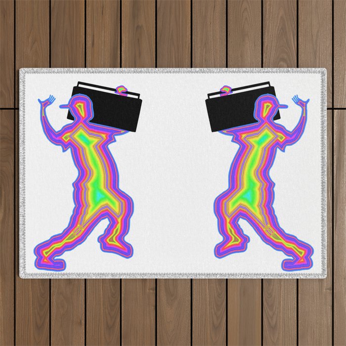 1980s Neon Silhouette with a Boombox Outdoor Rug