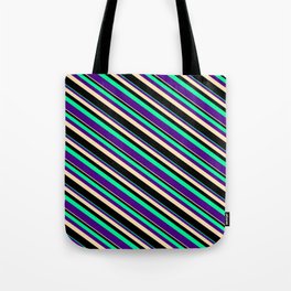[ Thumbnail: Green, Indigo, Beige, and Black Colored Striped Pattern Tote Bag ]