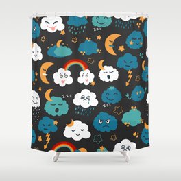 Seamless pattern in cartoon style with characters - clouds, sun, moon, rain, stars, rainbow. Hand drawn illustration on weather forecast theme. Funny emotions, feelings. Dark background. Kids design.  Shower Curtain
