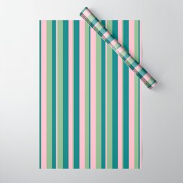 [ Thumbnail: Dark Sea Green, Pink & Teal Colored Lined/Striped Pattern Wrapping Paper ]