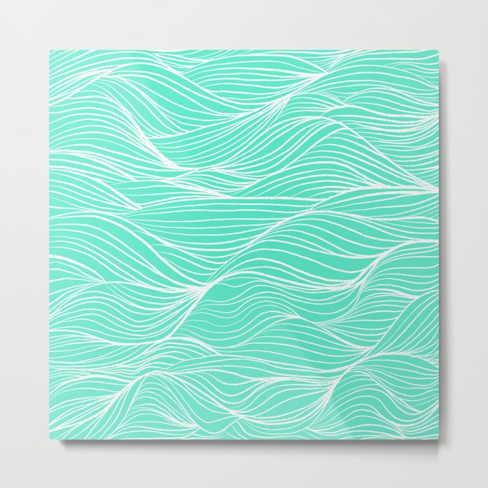 Modern white turquoise hand drawn waves abstract geometric pattern Metal Print