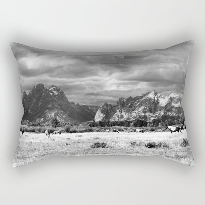 Horse and Grand Teton (Black and White) Rectangular Pillow
