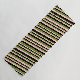 [ Thumbnail: Green, Pink, and Black Colored Striped Pattern Yoga Mat ]