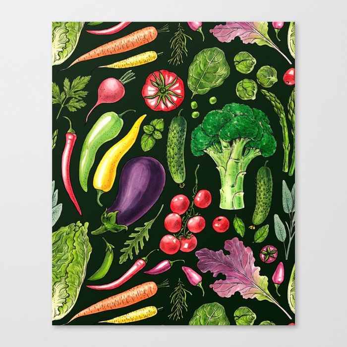 Vegetable and herbs garden on dark green Canvas Print