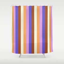 [ Thumbnail: Colorful Brown, Plum, Slate Blue, Sienna, and Beige Colored Lines Pattern Shower Curtain ]