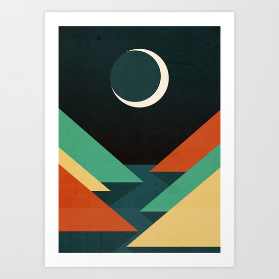 Quiet stream under crescent moon Art Print
