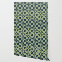 Abstract Floral Checker Pattern 19 in Navy Blue Sage Green Wallpaper