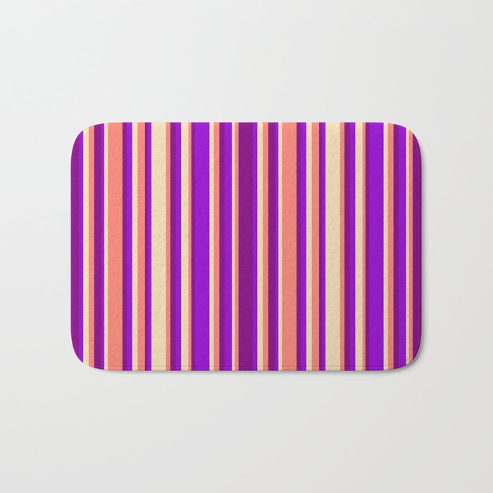 Tan, Dark Violet, Purple, and Salmon Colored Striped Pattern Bath Mat