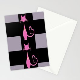 Blue And Black Buffalo Plaid,Blue And Black Plaid,Pink Cat Pattern, Stationery Card