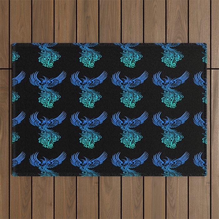Rising From The Ashes Phoenix Blue Aqua Ombre Outdoor Rug