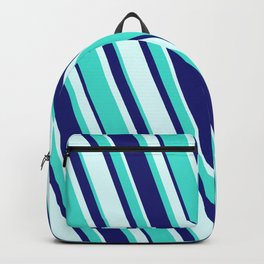 [ Thumbnail: Turquoise, Midnight Blue, and Light Cyan Colored Stripes/Lines Pattern Backpack ]