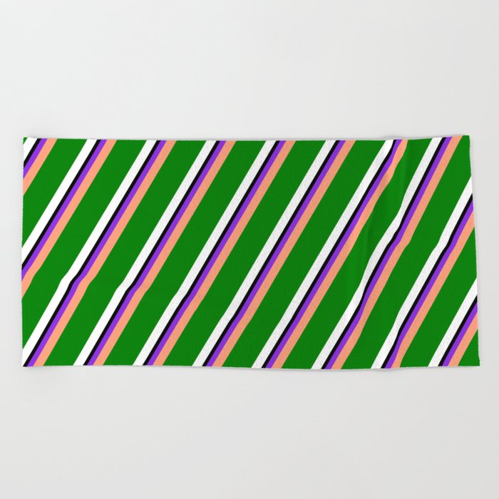 Purple, Light Salmon, Green, White, and Black Colored Striped/Lined Pattern Beach Towel