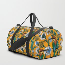 Bee-eaters, blue butterflies and daisies on orange Duffle Bag