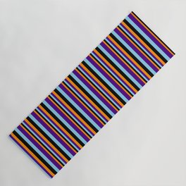 [ Thumbnail: Dark Orange, Black, Sky Blue, and Indigo Colored Striped Pattern Yoga Mat ]