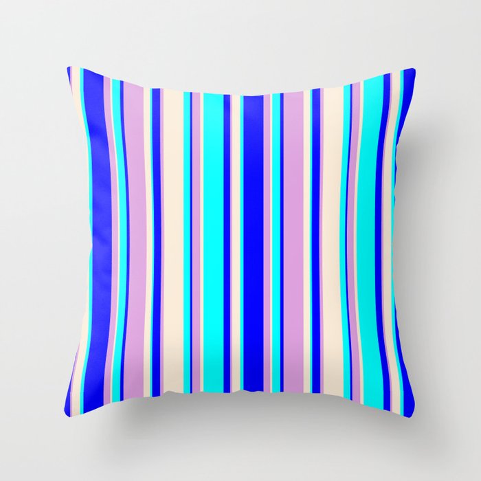 Aqua, Beige, Plum & Blue Colored Lined Pattern Throw Pillow