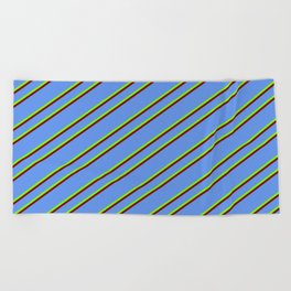 [ Thumbnail: Cornflower Blue, Green, and Maroon Colored Stripes/Lines Pattern Beach Towel ]