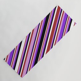 [ Thumbnail: Colorful Brown, Plum, Purple, Black, and White Colored Pattern of Stripes Yoga Mat ]