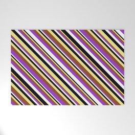 [ Thumbnail: Vibrant Tan, Brown, Dark Orchid, White & Black Colored Lines Pattern Welcome Mat ]