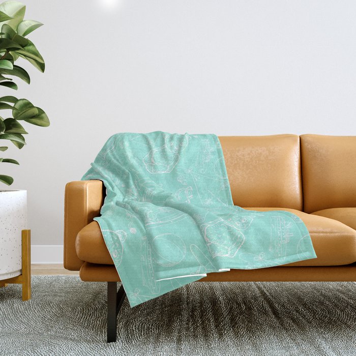 Mint Blue and White Toys Outline Pattern Throw Blanket
