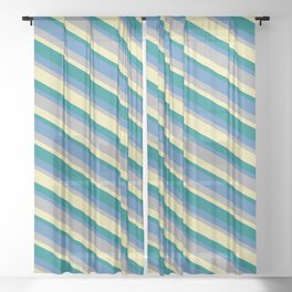 [ Thumbnail: Blue, Dark Gray, Pale Goldenrod, and Teal Colored Striped Pattern Sheer Curtain ]