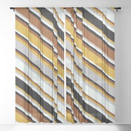 [ Thumbnail: Eyecatching Goldenrod, Grey, Mint Cream, Black, and Brown Colored Stripes Pattern Sheer Curtain ]