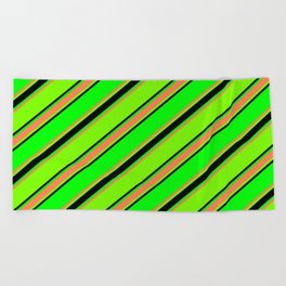 [ Thumbnail: Lime, Coral, Green, and Black Colored Lined Pattern Beach Towel ]