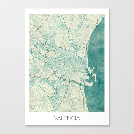 Valencia Map Blue Vintage Canvas Print
