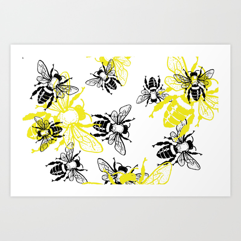 Black And Yellow Buzzing Bees Pattern Bugs Insects Theme Art Print