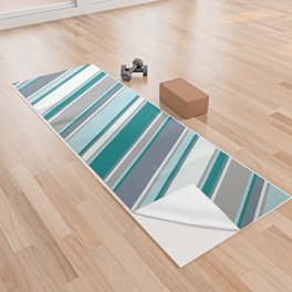 [ Thumbnail: Slate Gray, Teal, Powder Blue, Dark Grey, and Mint Cream Colored Lines/Stripes Pattern Yoga Towel ]