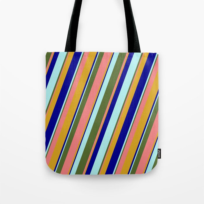 Colorful Dark Olive Green, Light Coral, Goldenrod, Dark Blue, and Turquoise Colored Lined Pattern Tote Bag
