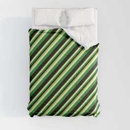 [ Thumbnail: Green, Light Yellow, Forest Green & Black Colored Stripes Pattern Comforter ]