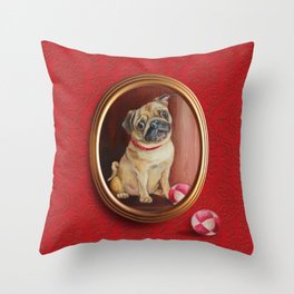 Pug on the damask Throw Pillow