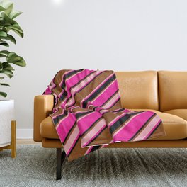 [ Thumbnail: Brown, Light Pink, Deep Pink & Black Colored Stripes/Lines Pattern Throw Blanket ]