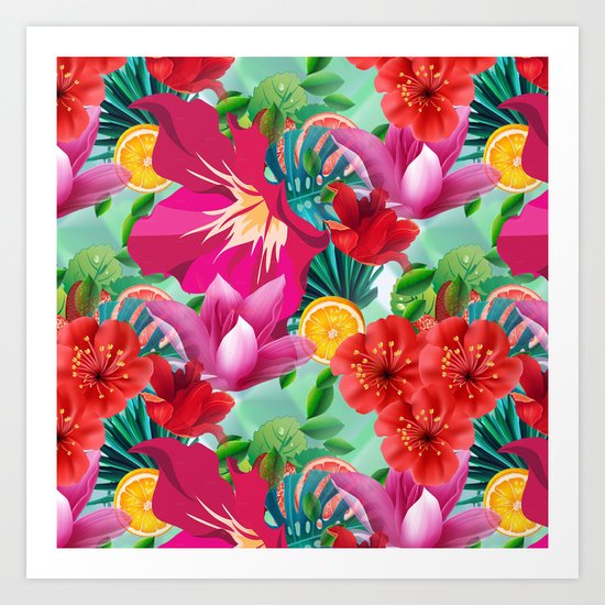 Tropical Summer Flower And Fruit Pattern Art Print