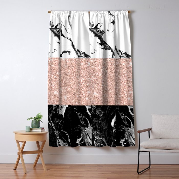Modern Black White Marble Rose Gold Color Block Stripes Pattern