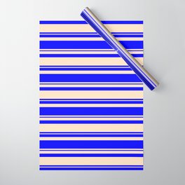 [ Thumbnail: Bisque and Blue Colored Lined/Striped Pattern Wrapping Paper ]