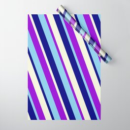[ Thumbnail: Dark Violet, Sky Blue, Blue & Beige Colored Striped/Lined Pattern Wrapping Paper ]