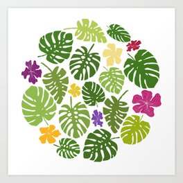 Monstera Deliciosa leaves and tropical flowers in green, yellow, purple, and red Art Print