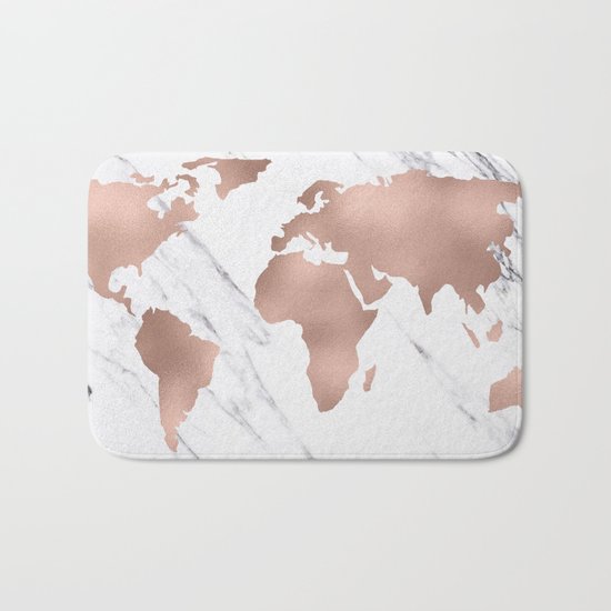 Marble World Map Rose Gold Pink Bath Mat