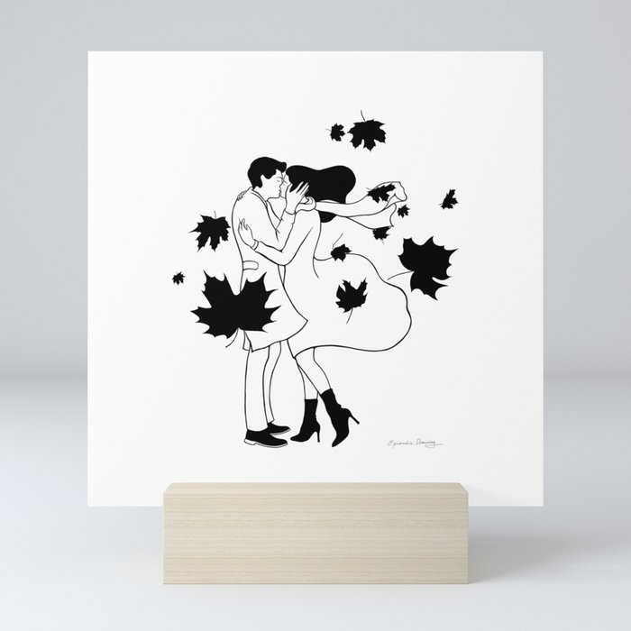 Autumn Kiss - black & white Mini Art Print