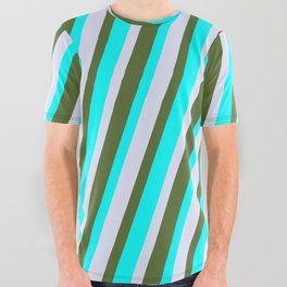 [ Thumbnail: Lavender, Dark Olive Green, and Cyan Colored Lines Pattern All Over Graphic Tee ]