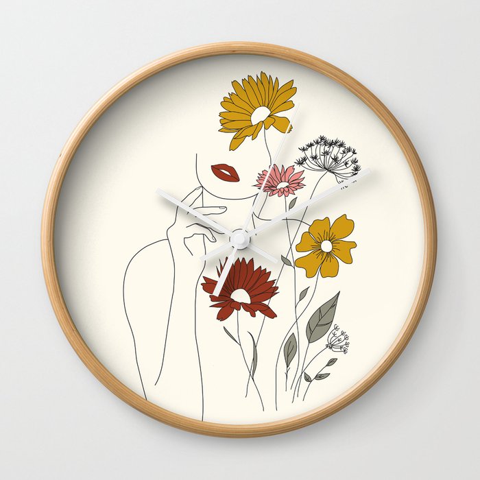 Colorful Thoughts Minimal Line Art Woman with Flowers III Wall Clock