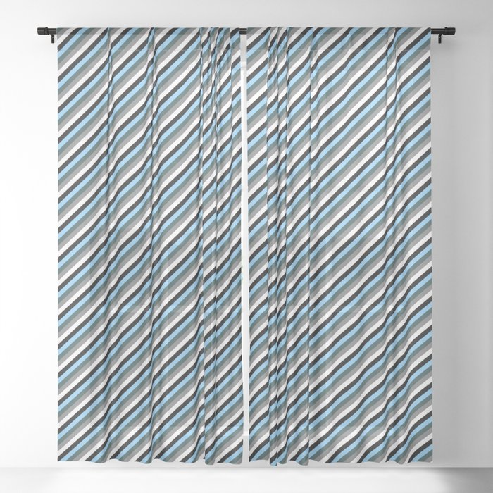 Eye-catching Light Sky Blue, Dark Slate Gray, Gray, White, and Black Colored Stripes/Lines Pattern Sheer Curtain