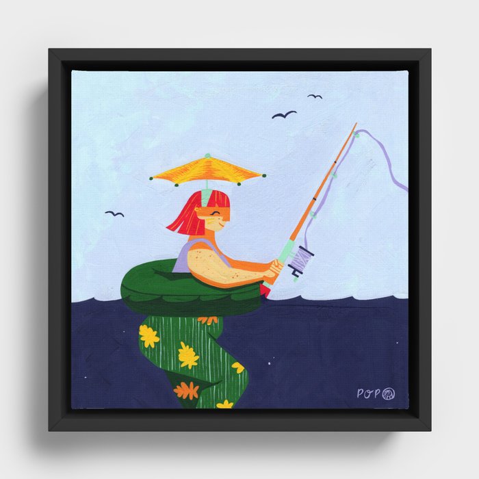 Woman Fishing Framed Canvas
