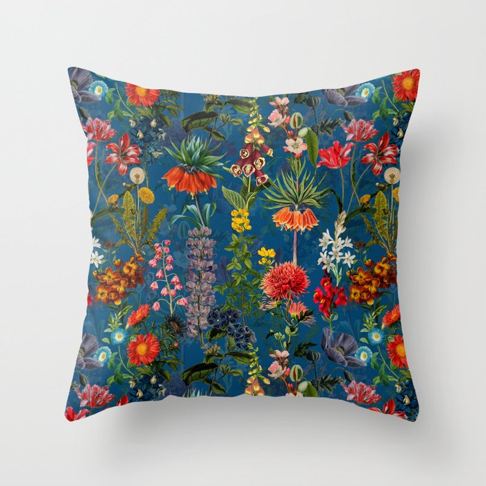 Vintage & Shabby Chic - Blue Midnight Spring Botancial Flower Garden Throw Pillow