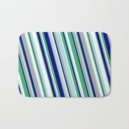 [ Thumbnail: Eye-catching Powder Blue, Dark Gray, Blue, Sea Green & Mint Cream Colored Striped Pattern Bath Mat ]