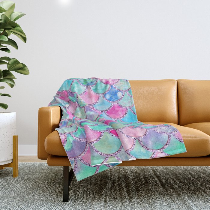 Colorful Pink and Blue Watercolor Trendy Glitter Mermaid Scales  Throw Blanket